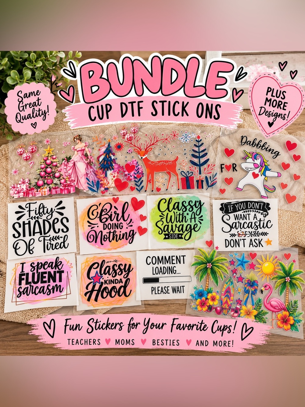 Bundle Cup DTF Stick Ons - Pink & Multicolor Sticker Set
